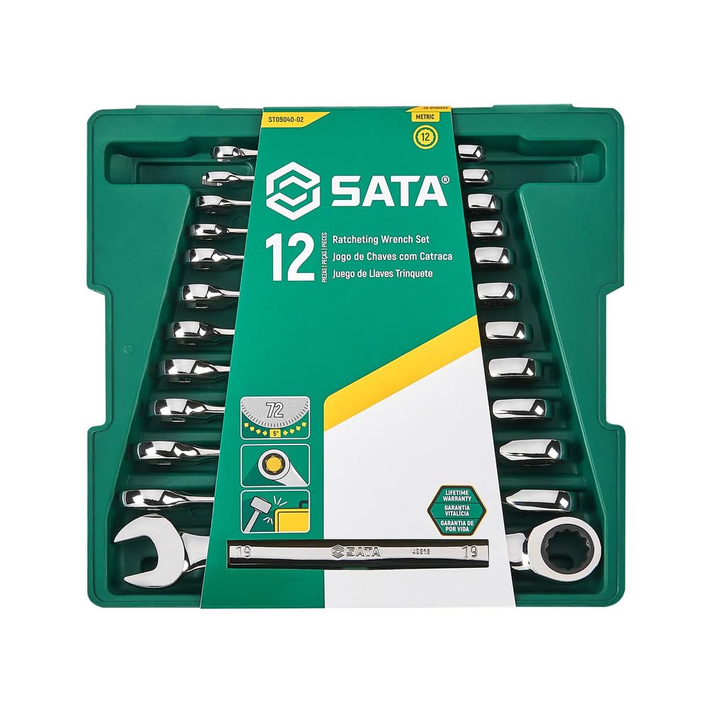 SATA ST09040-02 12-częściowy metryczny klucz grzechotkowy/zestaw kluczy nasadowych, polerowane, 8 mm - 19 mm, z tacą