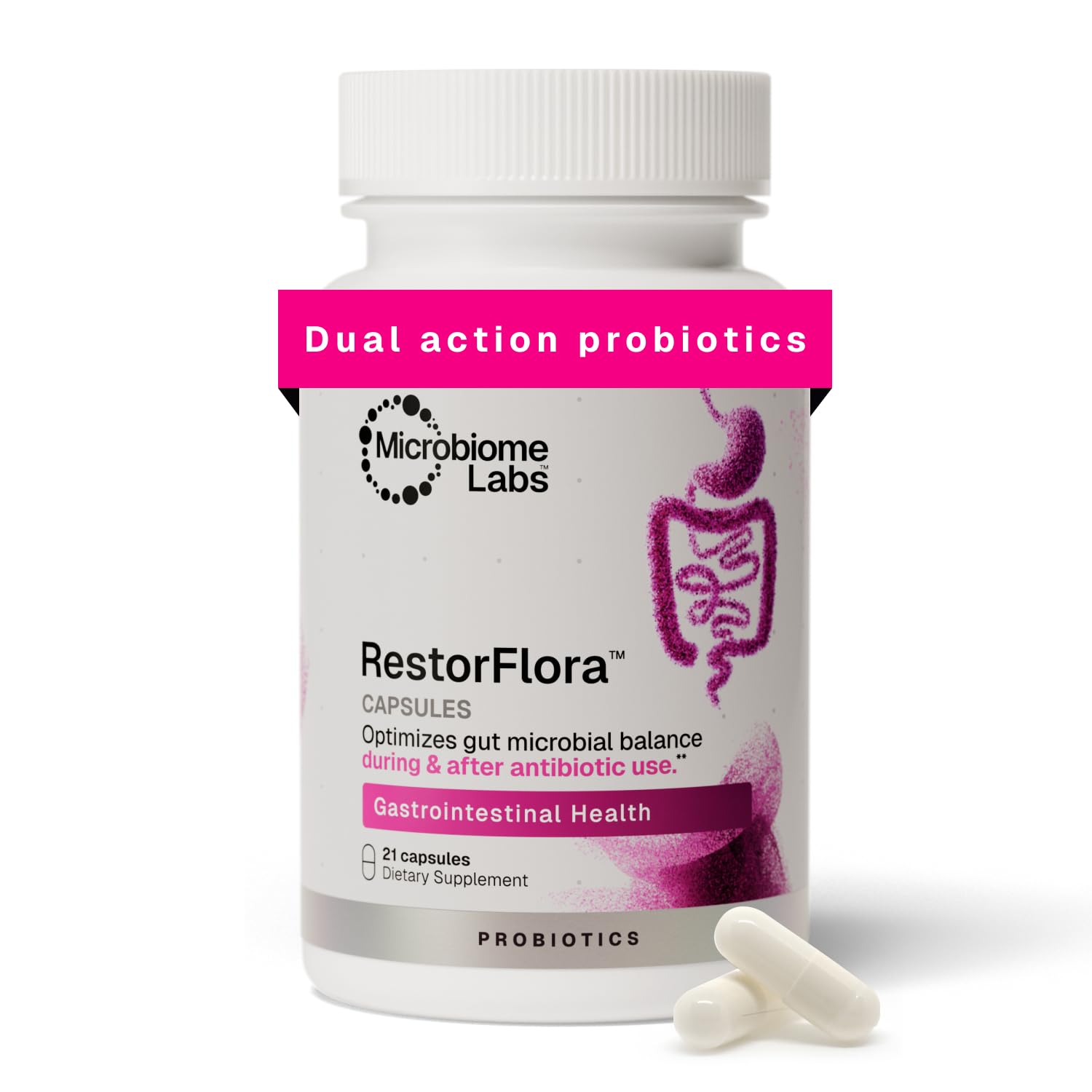 Microbiome Labs RestorFlora - Men's & Women's Probiotics for Digestive Health & Gut Reset - Spore Based Saccharomyces Boulardii Probiotics to Help Restore Microbial Balance (21 Capsules)