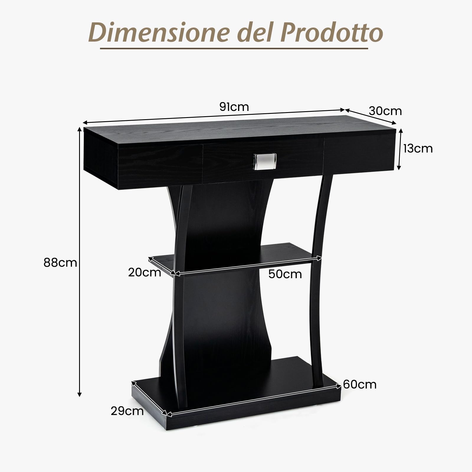 COSTWAY Consolle in Legno, Tavolo Ingresso Con Cassetti, Ripiani e 2 Kit Anti-ribaltamento, Multiuso e Salvaspazio per Salotto, Camera da Letto e Corridoio, 91 x 30 x 88 cm (Nero)