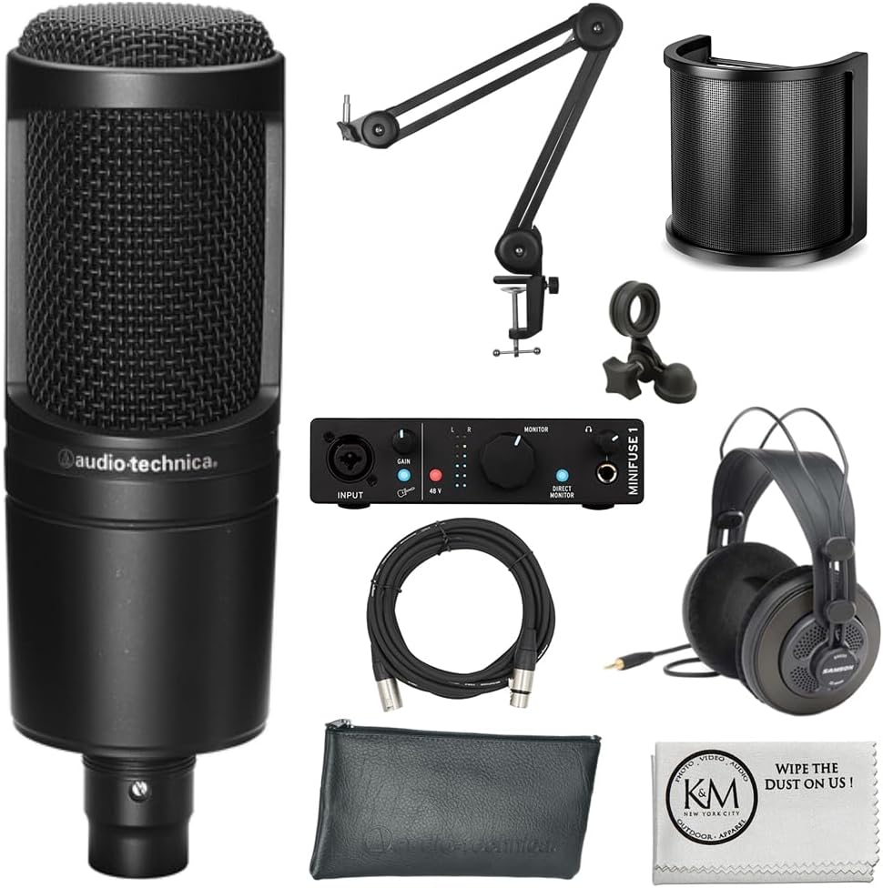 Audio-Technica AT2020 Cardioid Condenser Microphone Bundle with Studio Headphones + XLR Cable + Pop Filter + Arturia MiniFuse 1 Audio Interface + Mic Arm + Cleaning Cloth (7 Items)