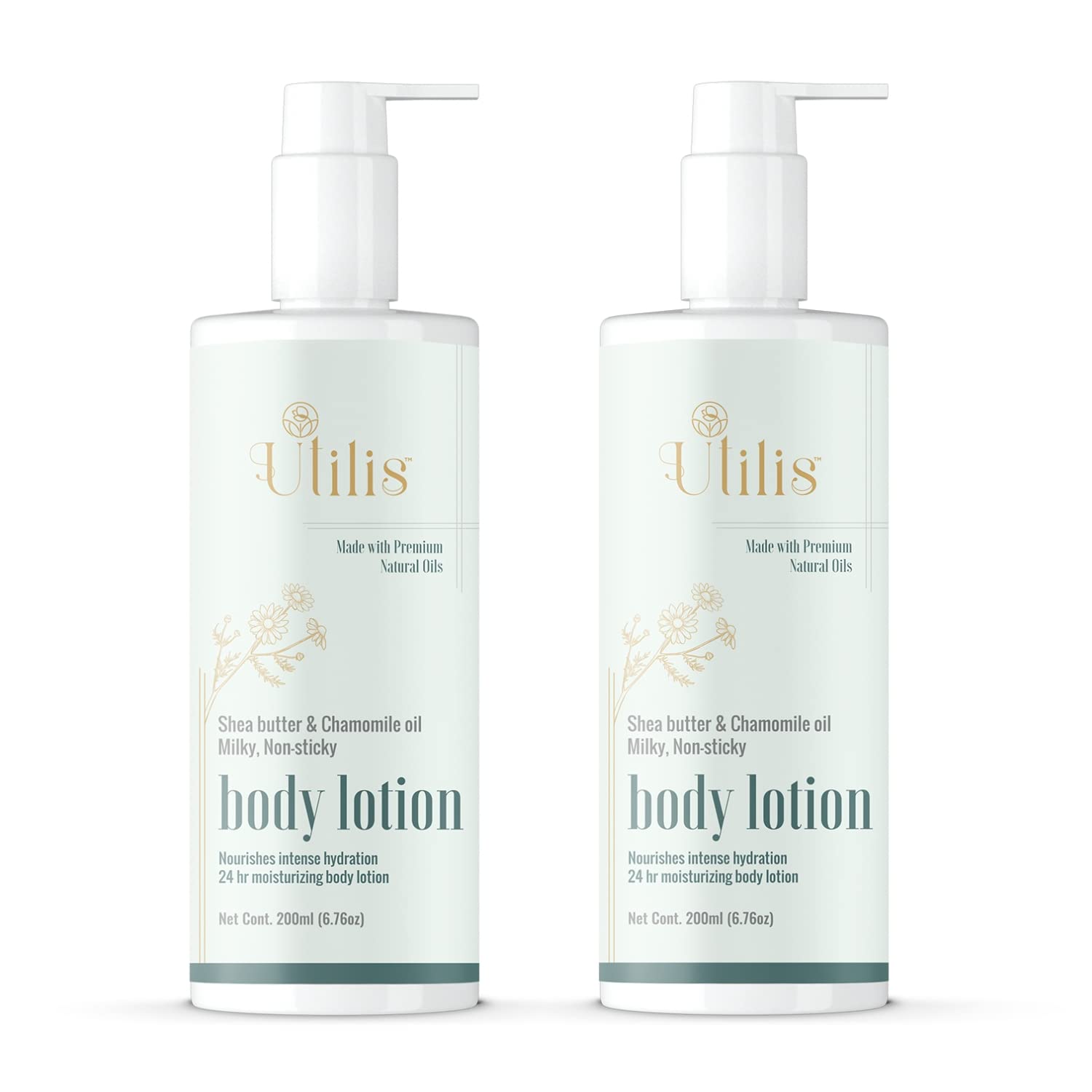 Utilis Shea Butter Body Lotion with Rosehip, Maracuja & Chamomile Oil | for All Skin Types | Tan Protection | Deep Hydration | Skin Brightening for Men & Women - 200ml (Pack of 2)