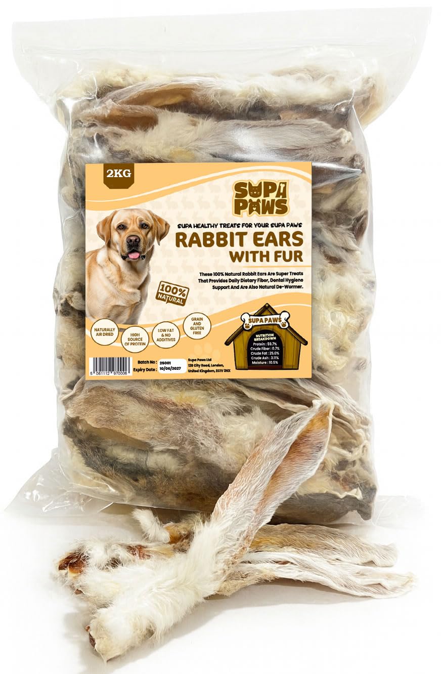 Supa Paws 2Kg Rabbit Ears with Fur for Dogs 100% Natural Raw Dog Treat Hypoallergenic Pet Treats for Puppy Senior Chews for Dogs Healthy Digestive Grain, Gluten Free Dog Snacks Food