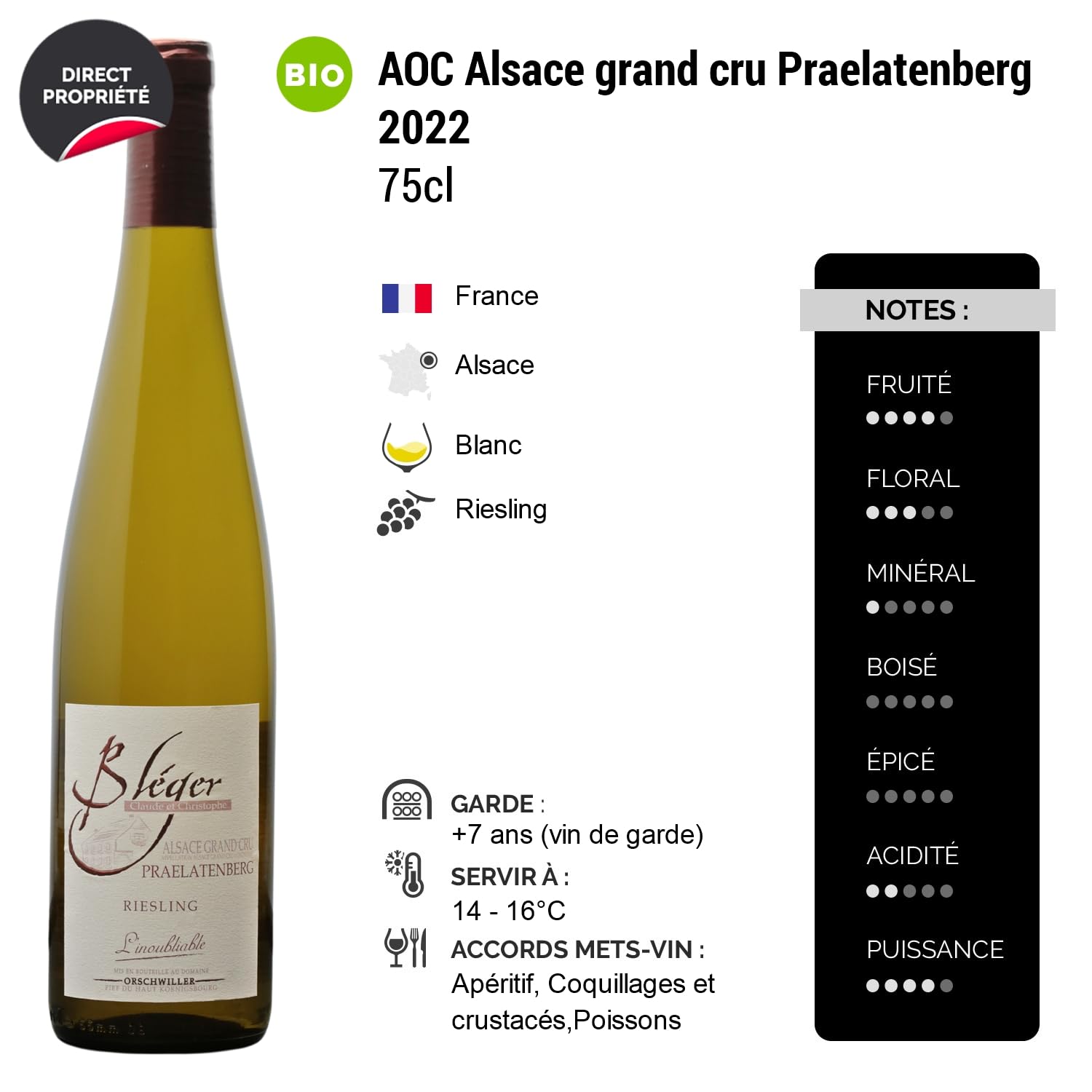 Alsace grand cru Praelatenberg Riesling L'inoubliable - Blanc 2022 - Domaine Claude et Christophe Bléger - Vin Blanc d' Alsace (6x75cl) BIO Moelleux