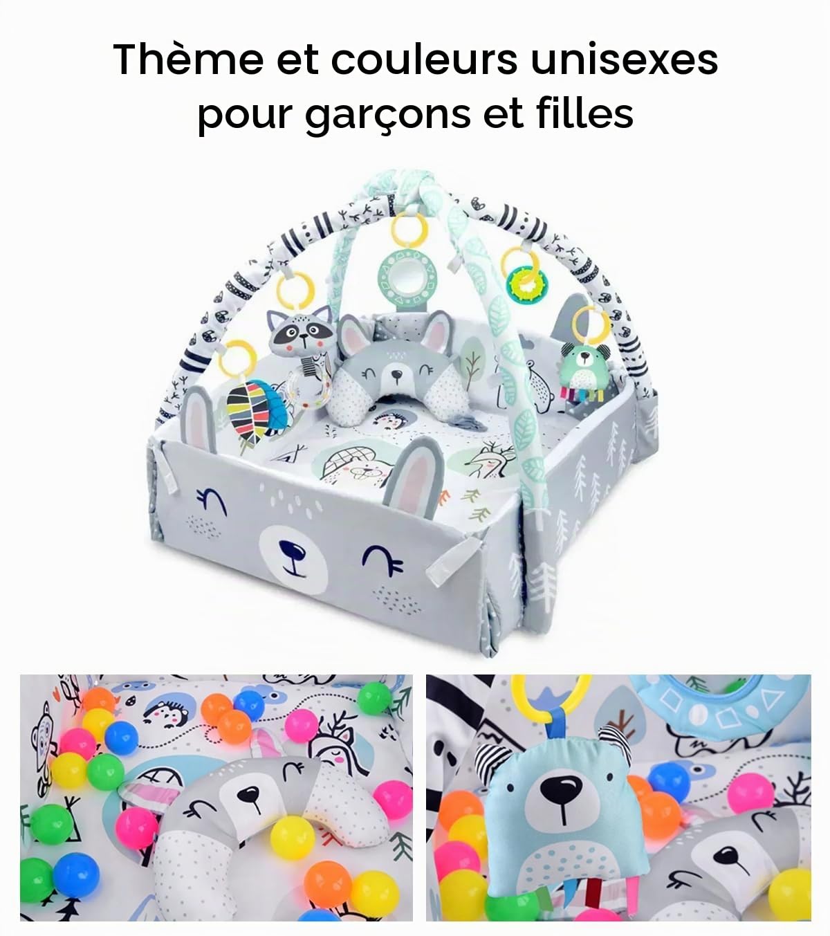 Tapis d'Éveil Bébé avec Arche Évolutif 20 Balles 5 Jouets Multifonction