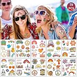 79 Pcs Groovy 70’s Temporary Tattoos Flower Fake Tattoo Stickers Cartoon Waterproof Body Sticker for