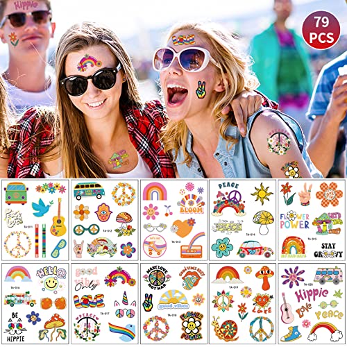 79 Pcs Groovy 70’S Temporary Tattoos Flower Fake Tattoo Stickers Cartoon Waterproof Body Sticker For 70’S Retro Hippie Theme Decorations Favor Party Supplies (10 Sheets) #TOP7