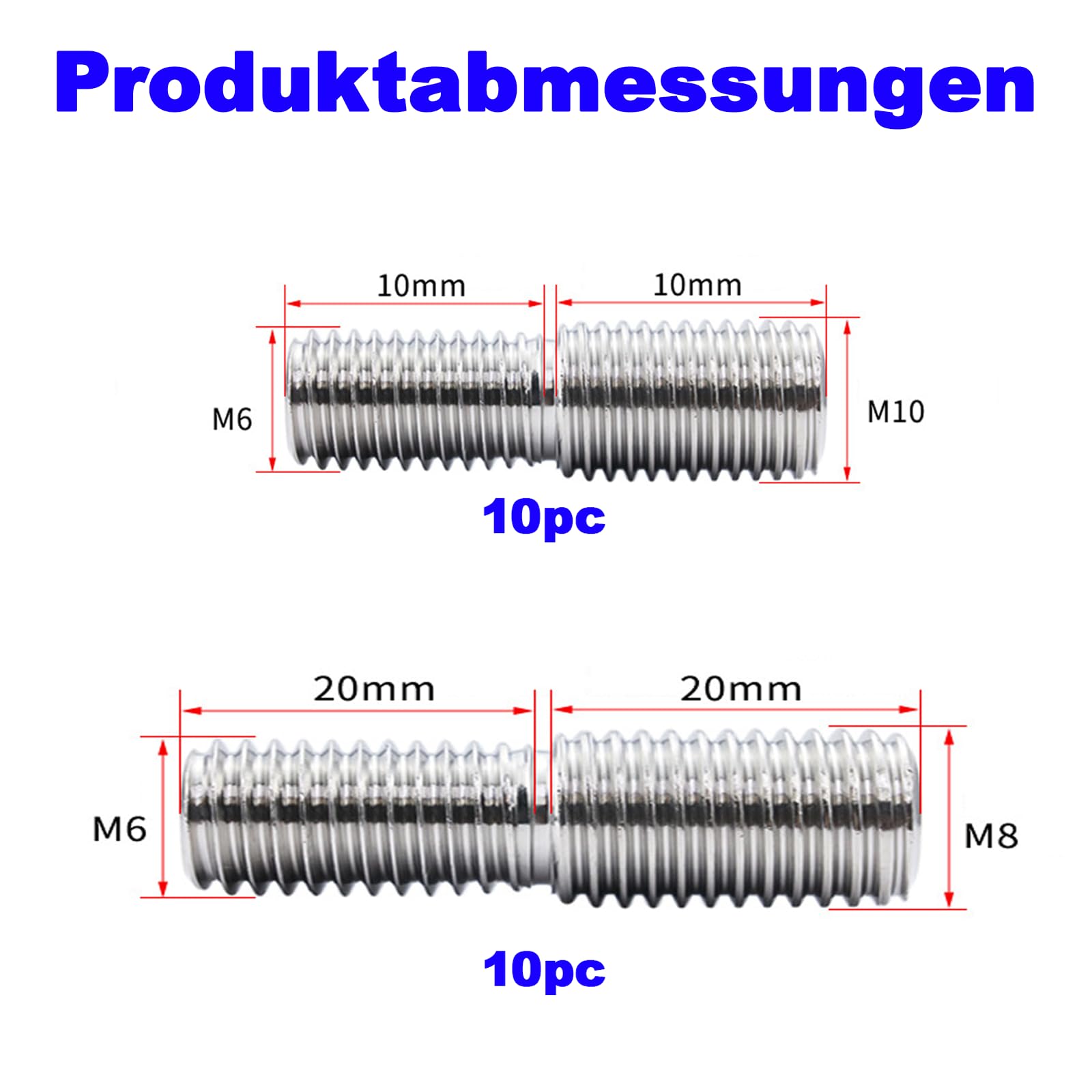 Bulloni filettati a doppia estremità M6 x 20 mm a M8 x 20 mm, 10 pezzi e M6 x 10 mm a M8 x 10 mm, 10 pezzi, in acciaio inox 304, adattatore filettato da m6 a m8 per mobili (argento 1)