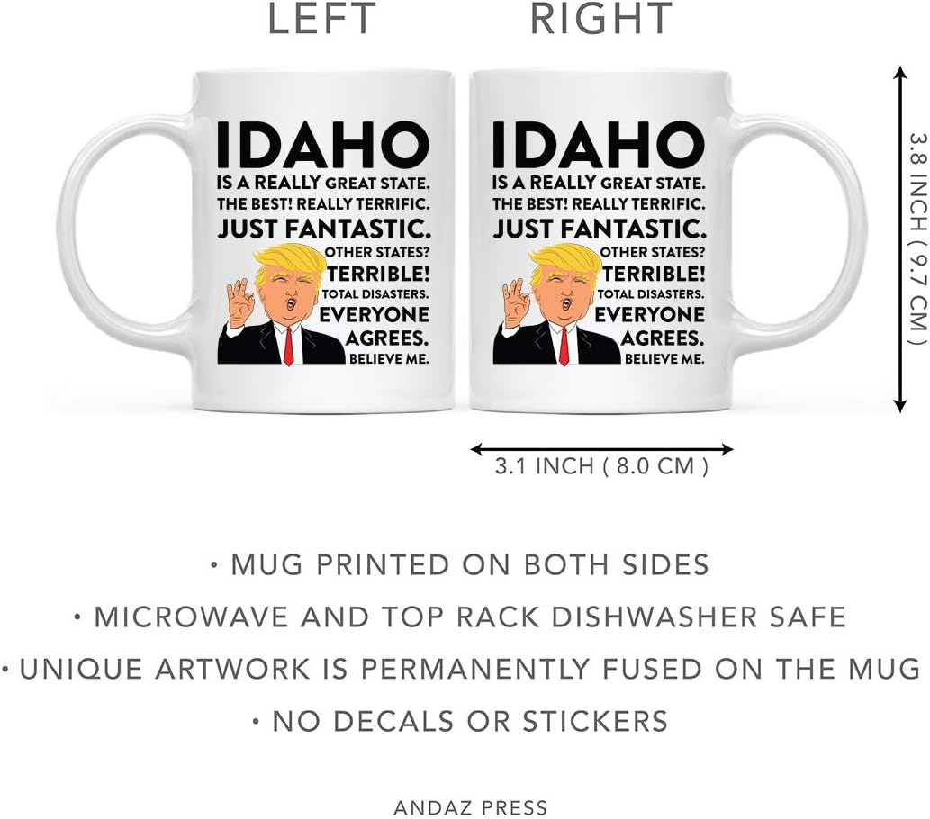 Andaz Press Funny President Donald Trump 11oz. Coffee Mug Gift, Idaho Is A Really Great State, 1-Pack, Long Distance College Going Away Study Abroad Birthday Christmas Mug Gift