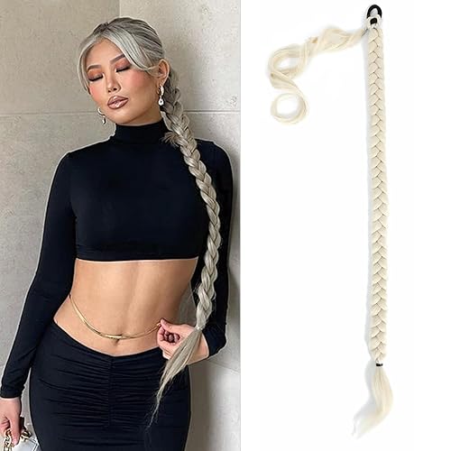 Miniatura 7 de Extensión de cola de caballo larga trenzada para bricolaje, extensión de cola de caballo marrón chocolate de 34 pulgadas con banda elástica recta