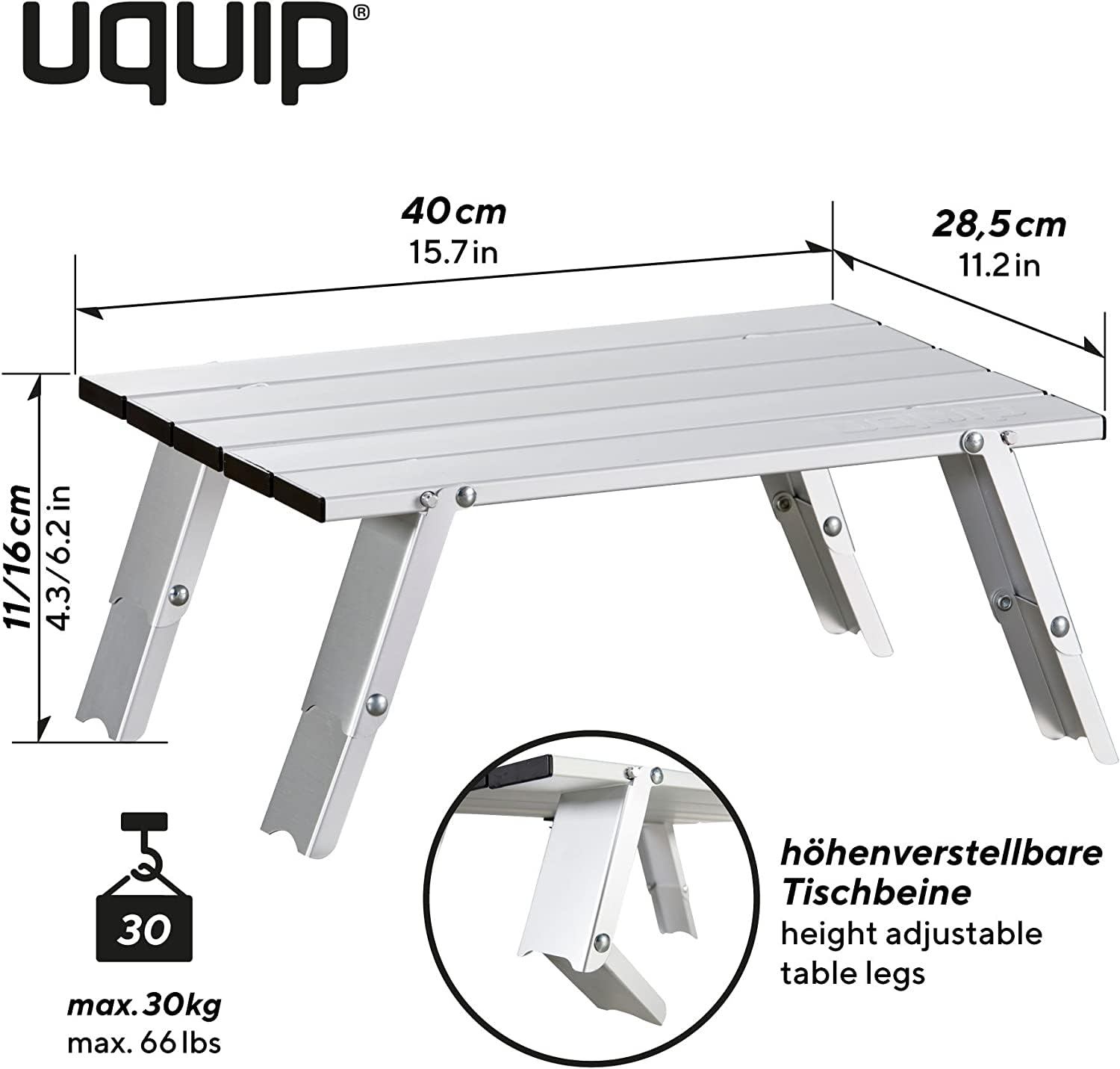Uquip Handy - Tavolino pieghevole in alluminio, regolabile in 2 altezze (11/16 cm)