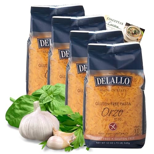 DeLallo - Orzo italiano sin gluten, 12 onzas (paquete de 4) Pasta Orzo sin gluten Sopa y cocina sin gluten Hecho en Italia Paquete con una (1)