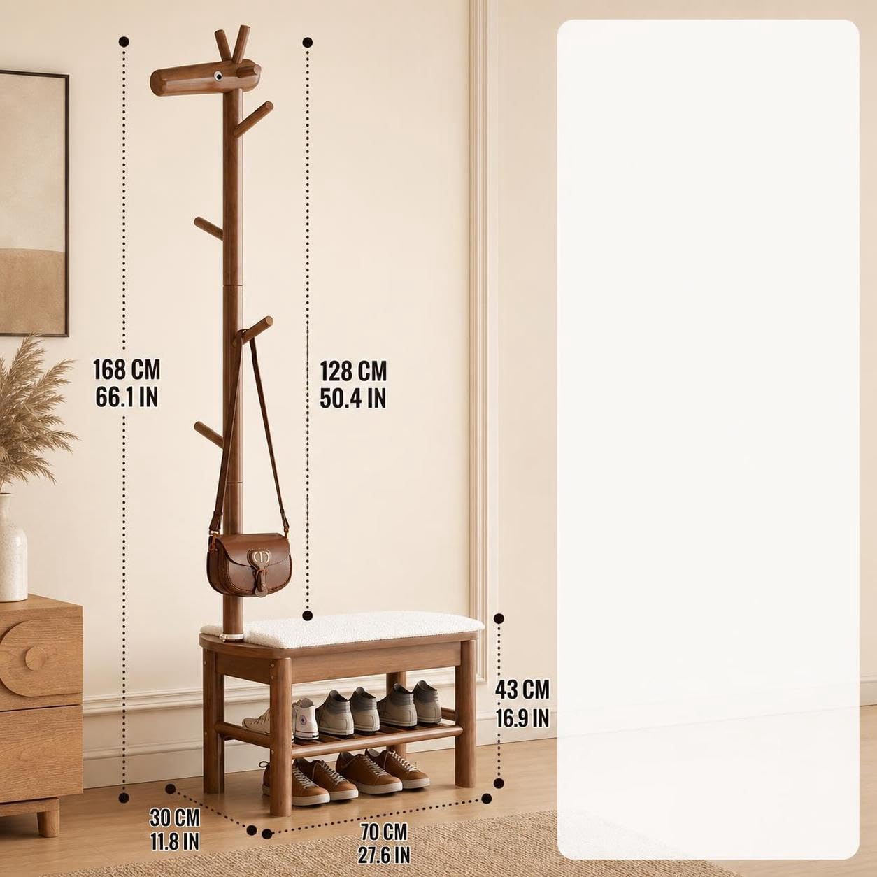Árbol de Entrada de Madera Maciza con Perchero y Banco de Almacenamiento de Zapatos, Banco de Armario de Entrada para Sentarse y almacenar (Nogal, 70 cm)