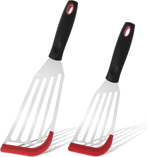 2 Pack Fish Spatula Stainless Steel - Flexible Slotted Fish Spatulas with Heat Resistant Silicone Edge for Non-Stick Cookware, Durable Fish Turner