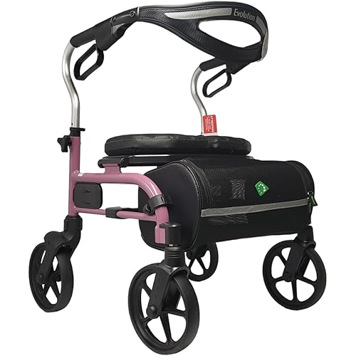 Evolution Trillium Lightweight Walker Rollator with Seat, Wheels, Brakes for Indoor, Outdoor Mobility, Mini Pink