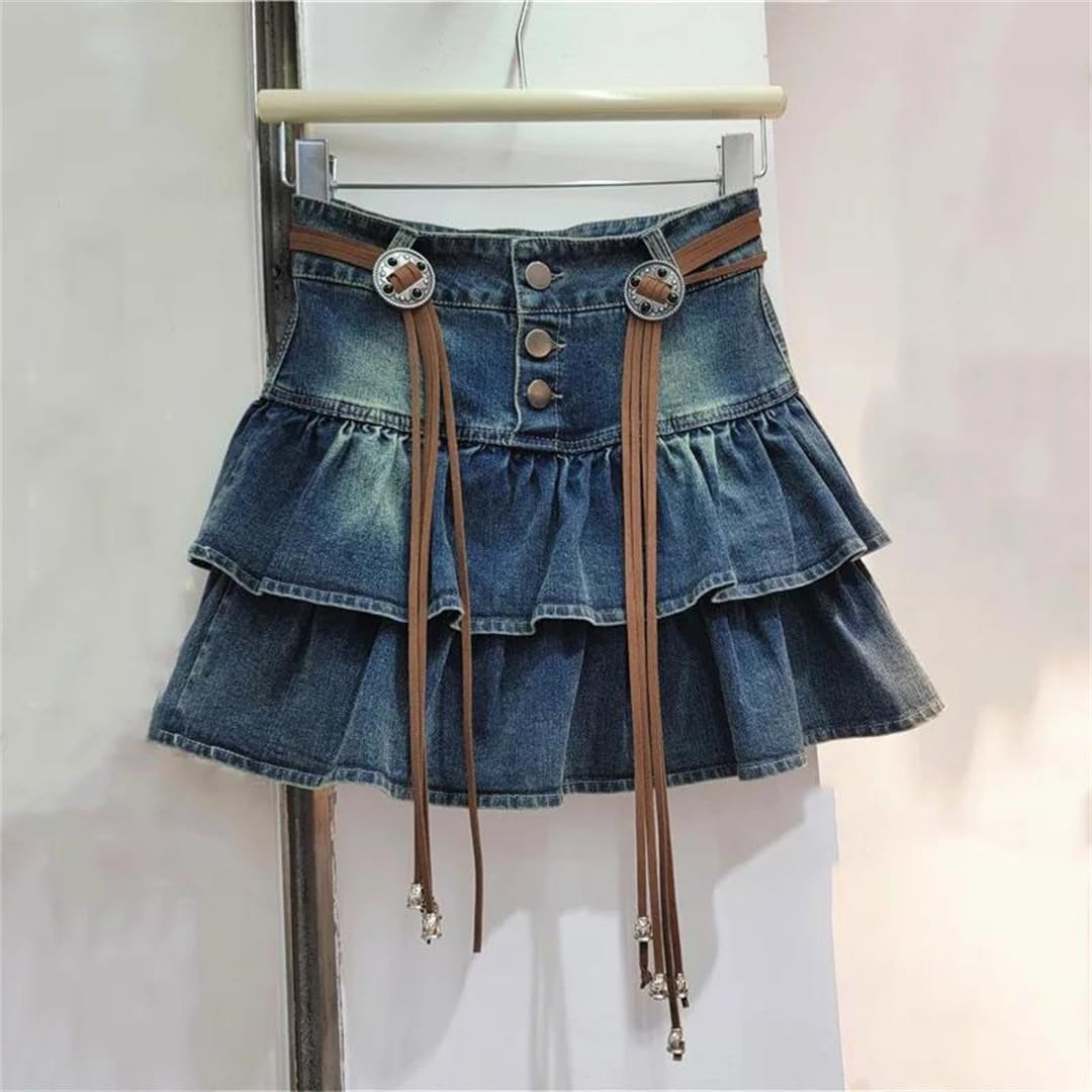 Gonna corta da donna skinny a vita alta a trapezio con volant mini gonna in denim tinta unita, Nero , L