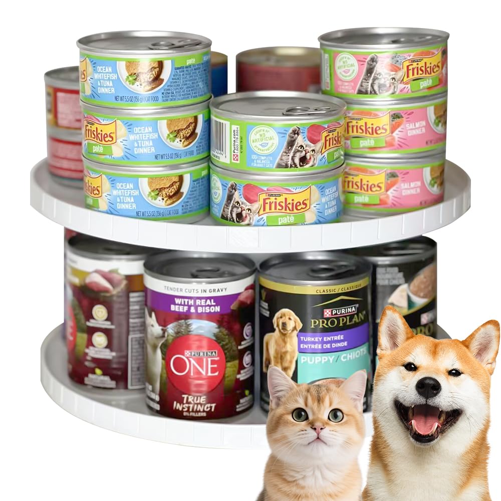 Red Rocket White Pet Food Organizer, 2-Layer Lazy Susan, Stackable, Adjustable, Heavy-Duty Cat And Dog Can Holder For Multiple Sizes, Large