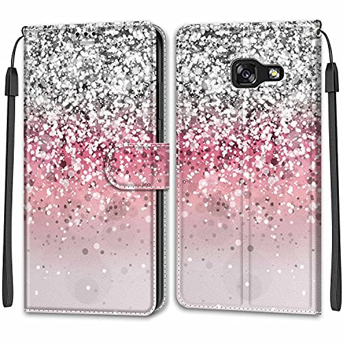 OATE for Samsung Galaxy A5 2017 Wallet Case,Silver Glitter Pattern PU Leather Shiny Magnetic with Card Slots Wristlet Stand Flip Folio Protective Shell Skin Cases Covers for Samsung Galaxy A5 2017