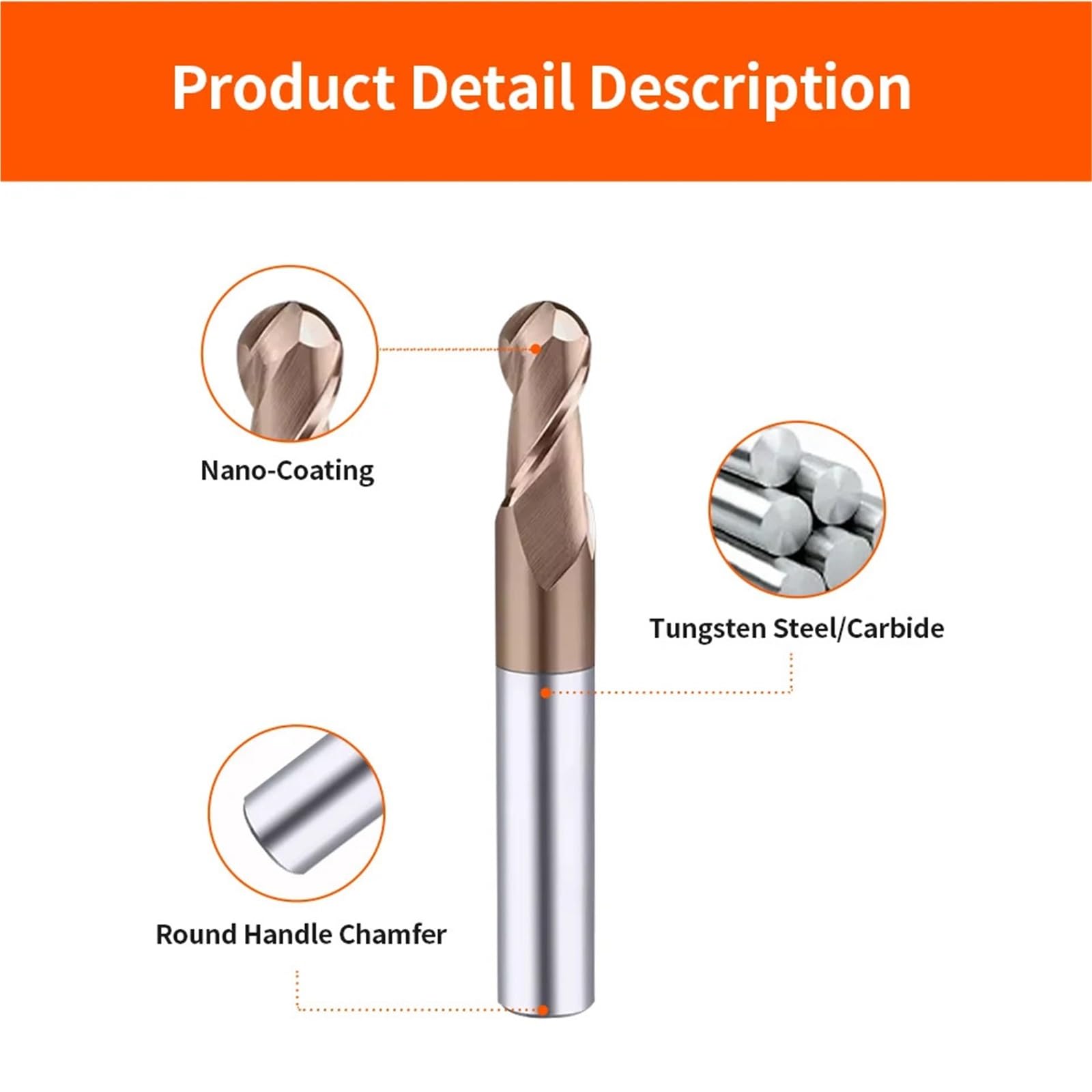 Fresa de punta de bola HRC55, fresa de carburo, broca enrutadora for metalurgia, herramientas de torno CNC, Metal de acero de tungsteno(R6xD12x75L)