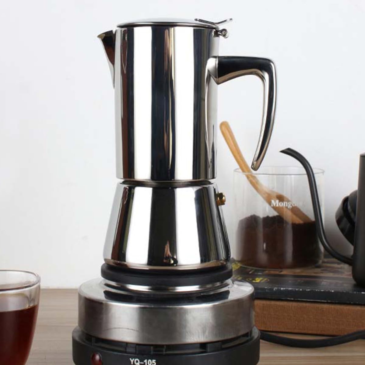 Cafetera Italiana de Acero Inoxidable 200ml Mango Antiquemaduras, Apta para Estufas de Inducción, Adecuado para Uso en Casa o Cafeterías