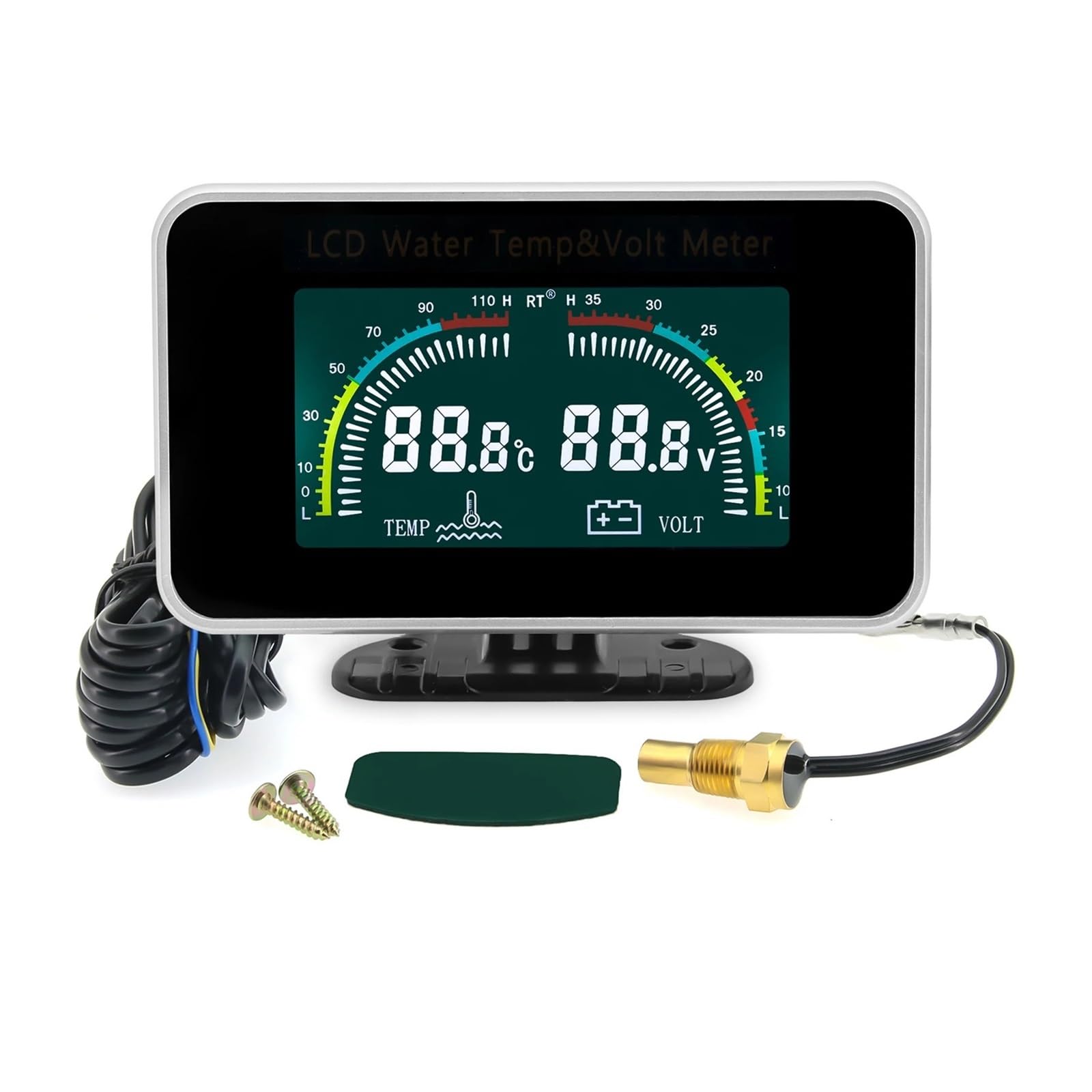 Medidor LCD 2 En 1 con Sensor De Temperatura De 10mm, Voltímetro, Medidor De Temperatura del Agua, Adaptador De 26~40mm (Opcional) For Coche Y Camión De 12V/24V(10pcs Mop)
