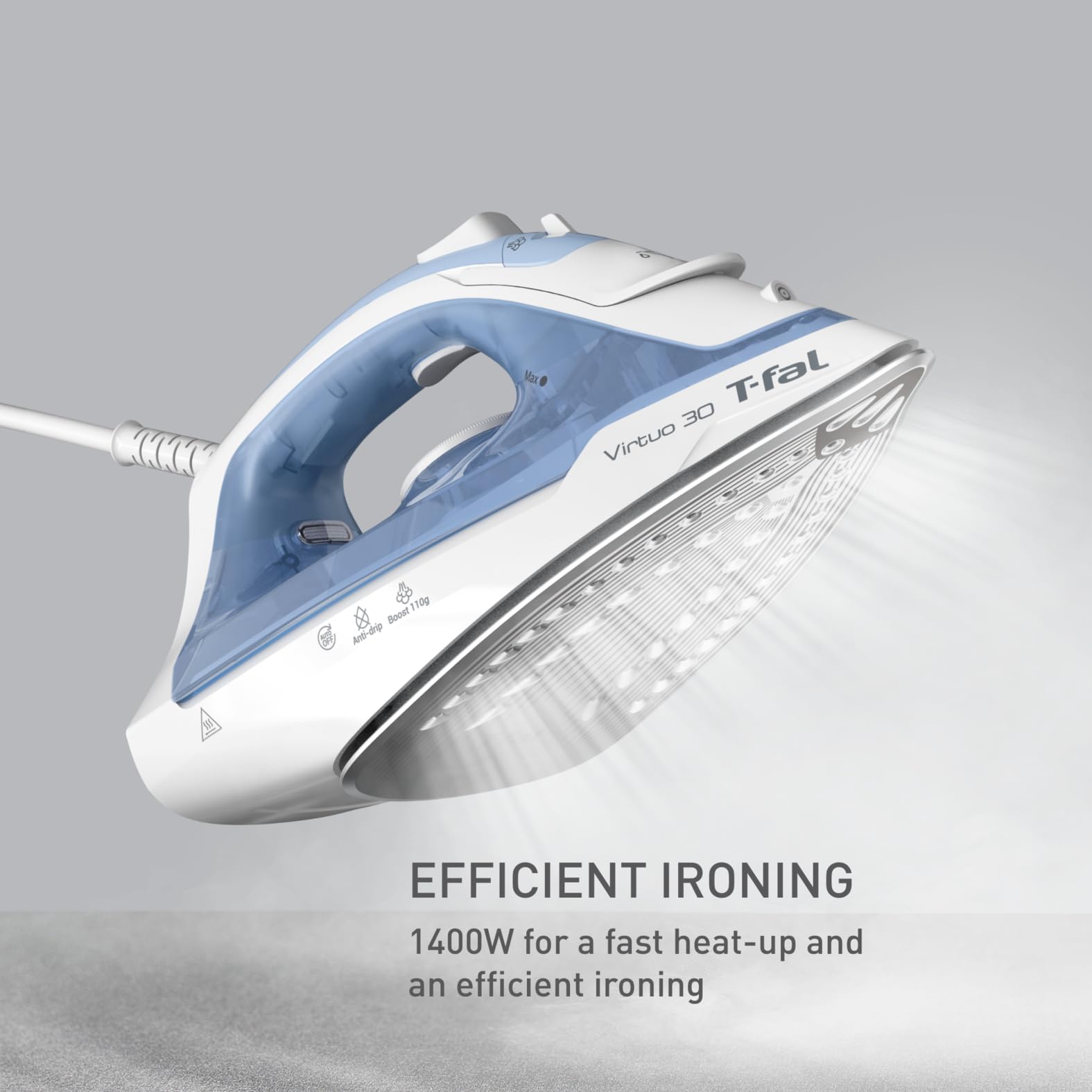 T-fal Plancha de Vapor | Virtuo 30 con Auto Apagado, Suela de Cerámica XL, Blanca/Azul FV2C61U0