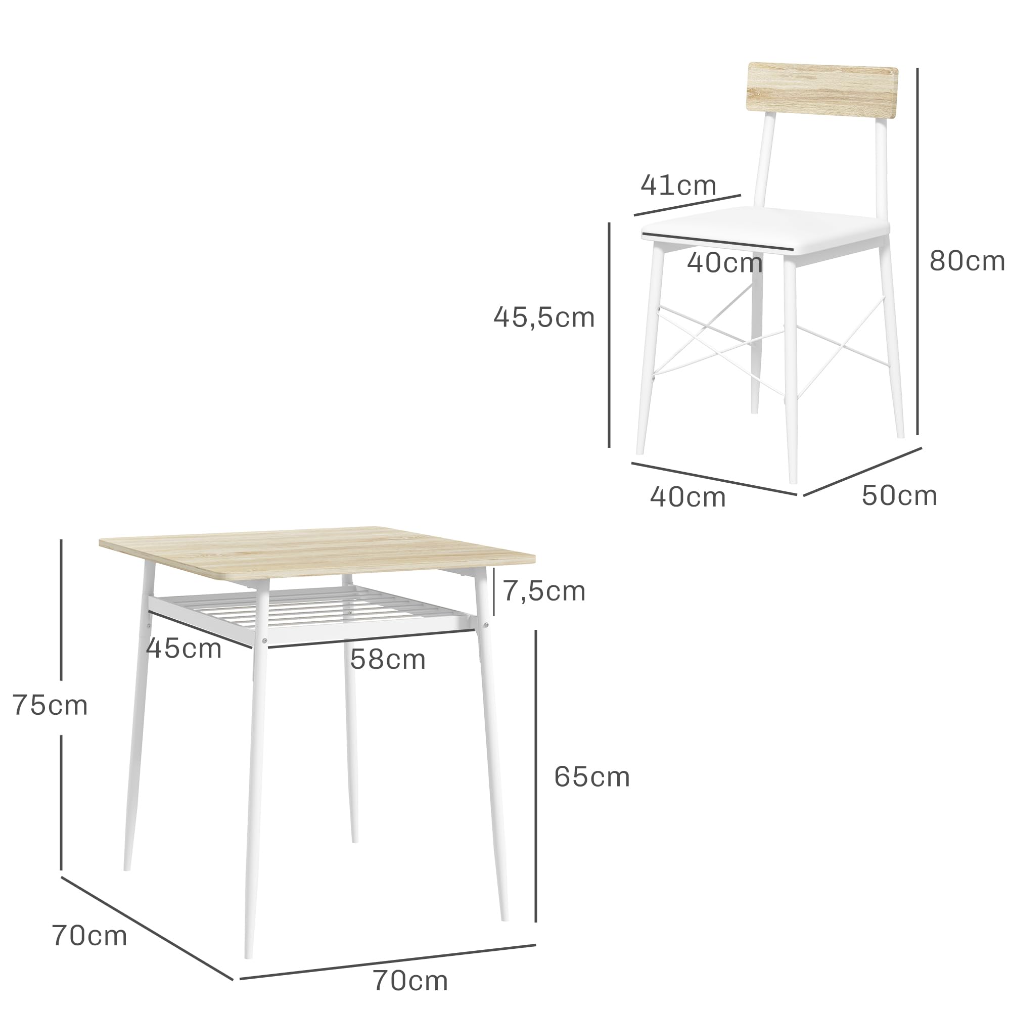HOMCOM Ensemble Table et chaises, Table de Cuisine avec 2 chaises encastrables, Structure en Acier, pour Cuisine Salon Maison, Blanc et chêne