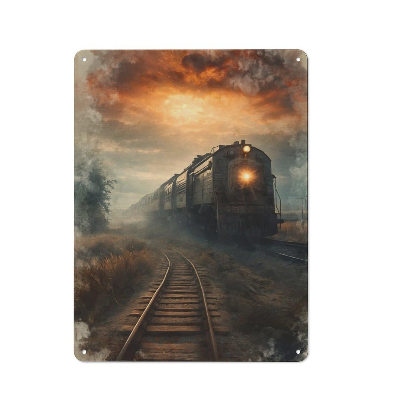 Junmoney Train In Foggy Sunset 40X30cm Vintage Metal Plaque With For Garage Or Workshop, A Christmas Gift For People Styling Garage And Workshop