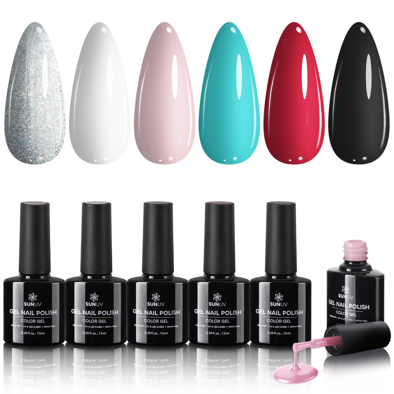 SUNUV Gel Nail Polish Kit, 6 Colors Gel Polish Set, White Black Red Pink Silver Glitter, UV Nail Lamp Manicure Art Gift For Women and Girl