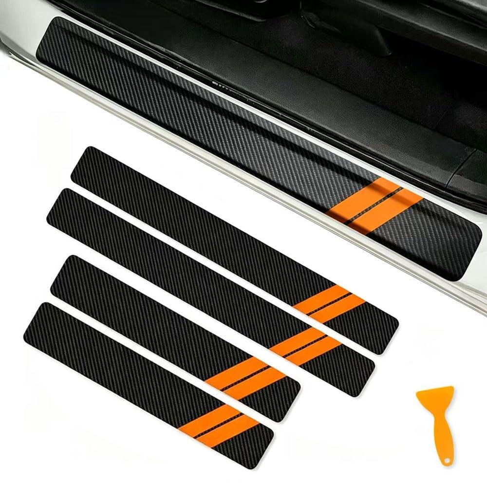 HIJOIO Car Door Sill Protector for,Scuff Plates,Carbon Fiber Effect Sill Guards,Threshold Guards,Welcome Pedal Trim,Interior Styling Accessories,A - orange