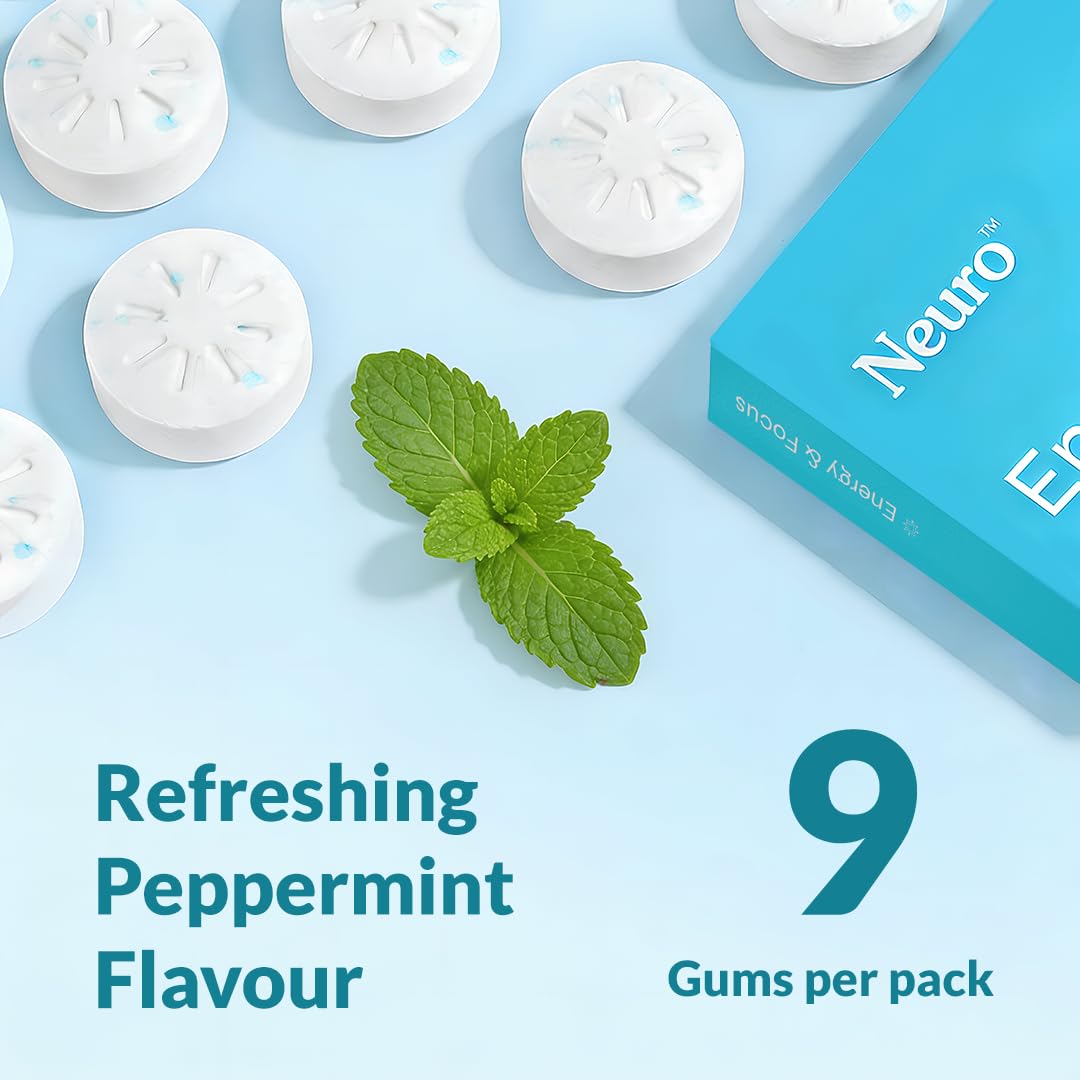 Neuro Energy & Focus Gum - Variety/Trial Pack | Quick Energy Boost & Enhanced Focus | Natural Caffeine + 60 mg L-Theanine + Vitamin B6 & B12 | Peppermint Gum - Iced Coffee Gum | 18 Gums — Amazon image 3