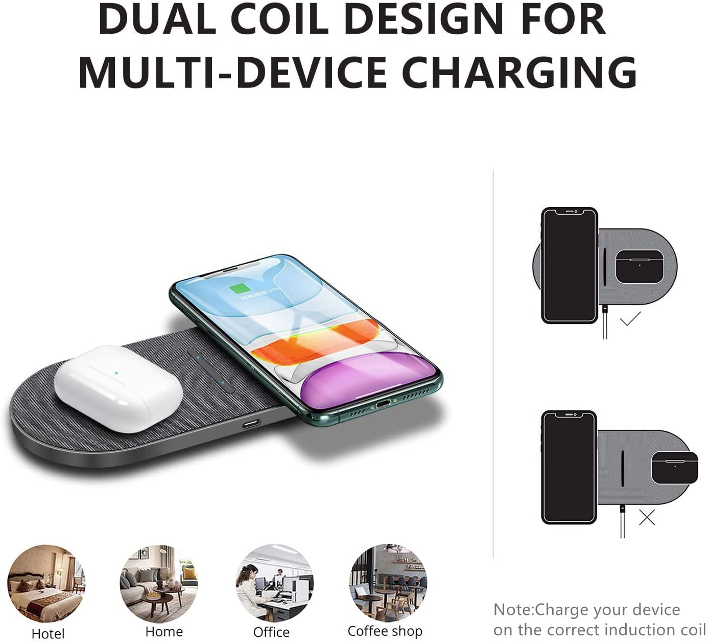 Cargador de inducción doble 20W Cargador inalámbrico 2 en 1 con adaptador