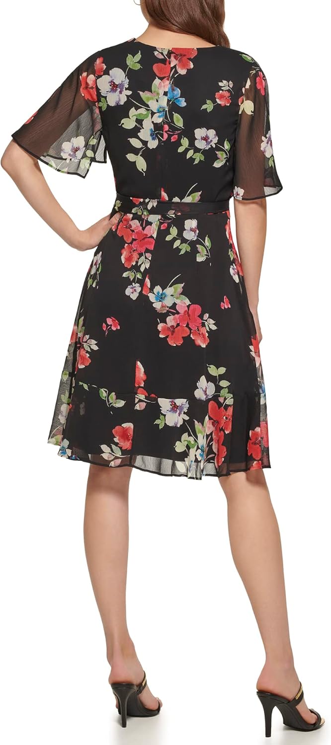 DKNY Womens Short Sleeve Ruffle Hem Faux Wrap Mini Dress - Image 3