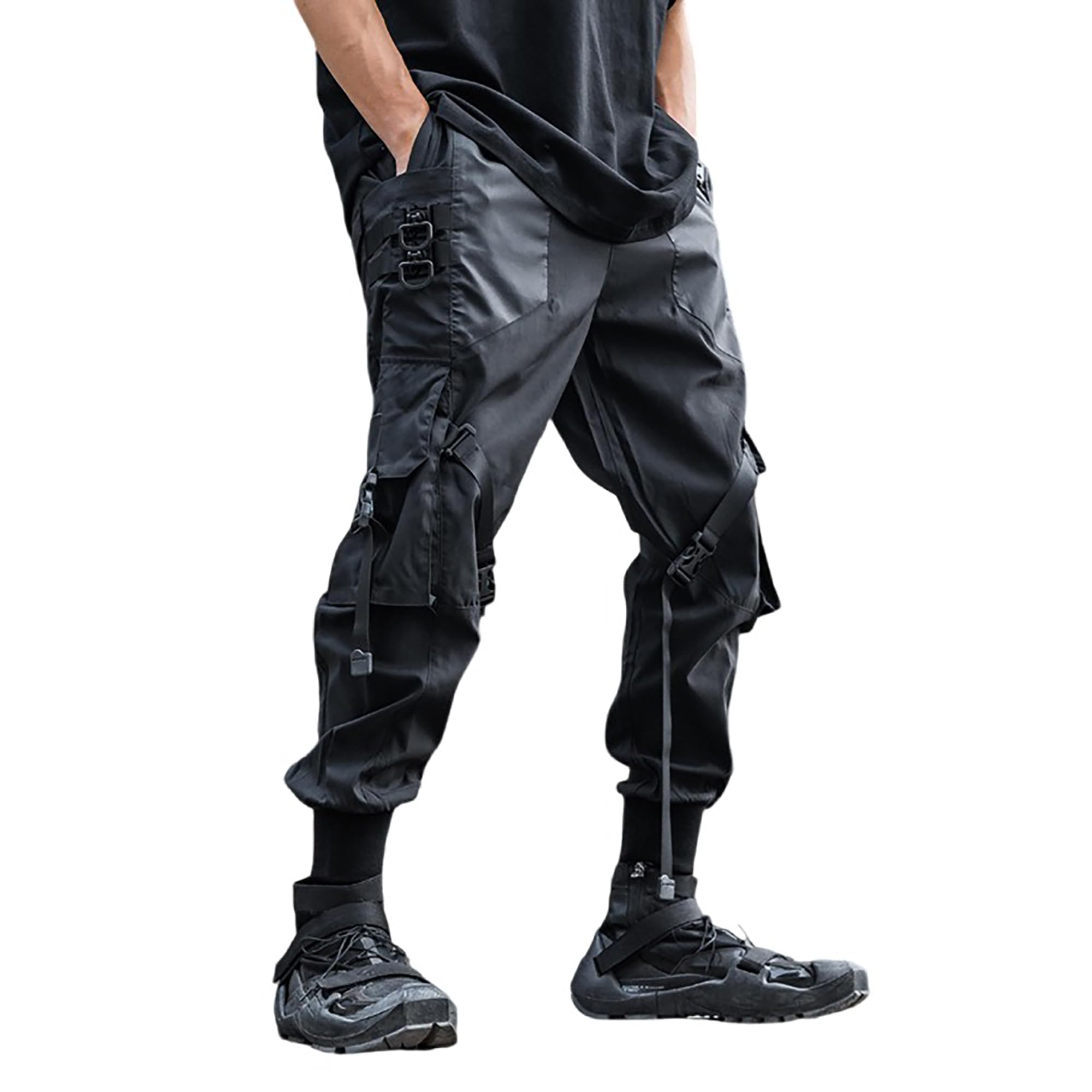 XYXIONGMAO Dunkle Herren-Cargohose, Cyberpunk-Hose, Gothic-Hose für Herren, japanische Cargohose mit Trägern, taktische Tech-Cargohose
