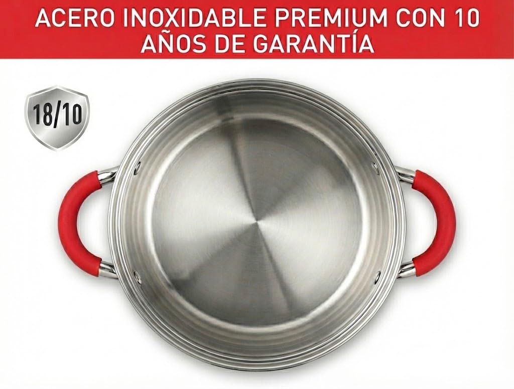 OTA Batería de Cocina 12 Piezas Acero Inoxidable Tapas de Cristal Apto para todo tipo de cocina con Asas Rojas
