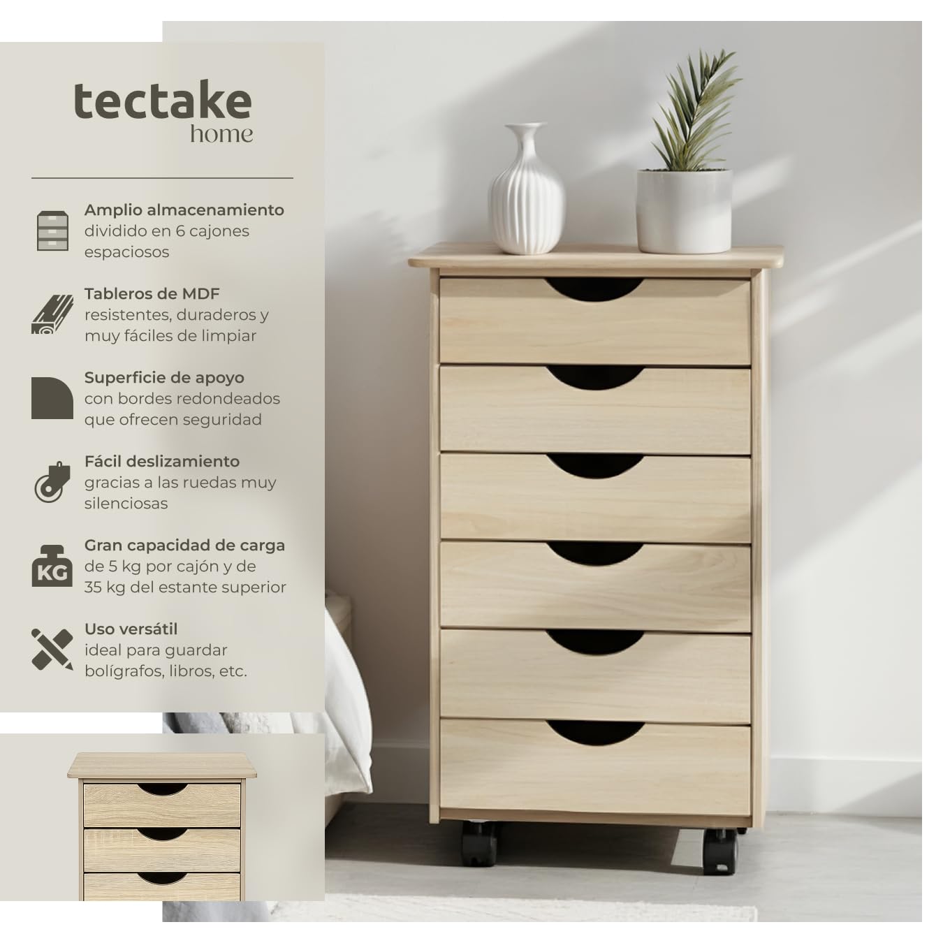 ectake® Cajonera Escritorio con 6 Cajones, Cajonera con Ruedas Giratorias, Estantería Almacenaje, Mueble Organizador Habitación Juvenil, Estrecha, Mueble Dormitorio - Madera Clara
