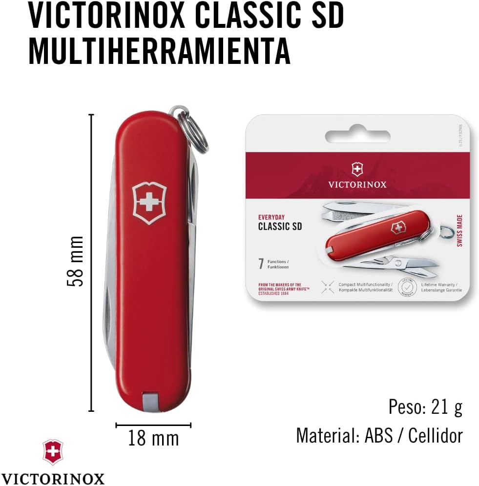 Victorinox Classic SD Red - Swiss Army Pocket Knife - Length 58 Mm - 7 Tools