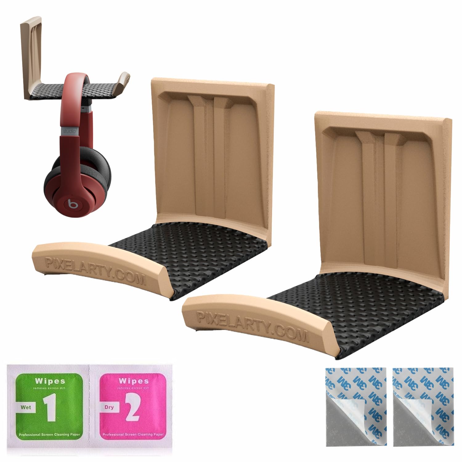 Headphone Holder for Desk, Strong 3M Adhesive Hanger with Soft Leatherette Cushion, Scratch-Free Headset Holder for Home & Office, (2, Beige)