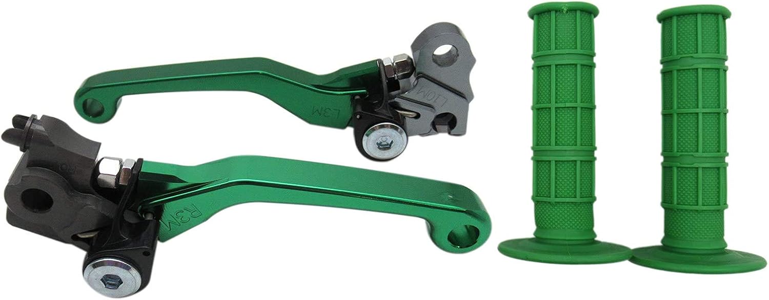 USonline911 Green CNC Motorcross Dirt Bike Pivot Brake Clutch Levers Set for Kawasaki KX65 2000-2018 w/ 7/8" 22mm Rubber Hand Grips