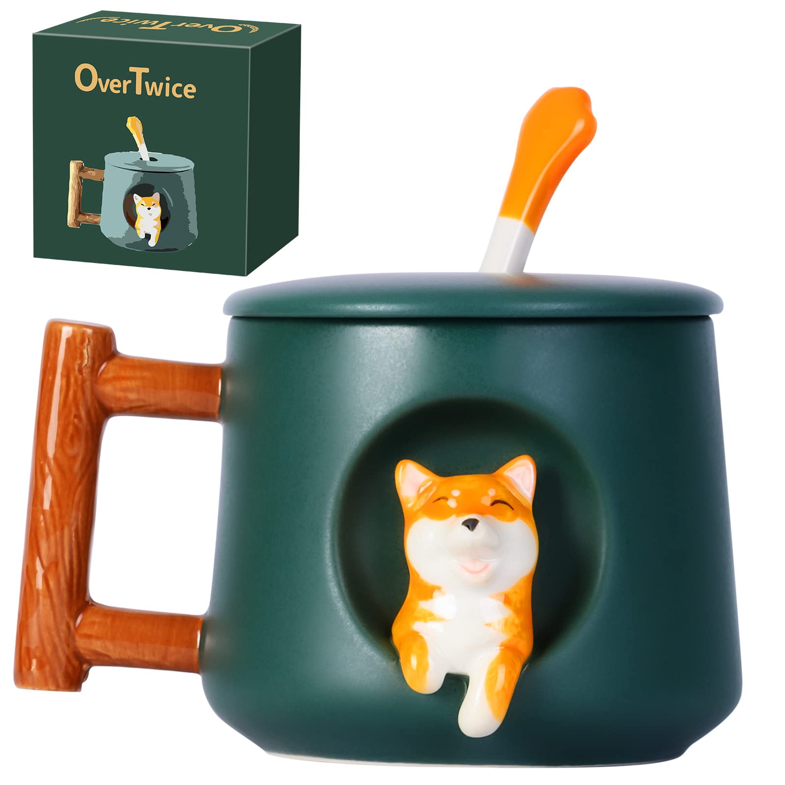 Amazon.com: OverTwice 愛犬女性禮物,柴犬可愛咖啡杯,附蓋子和把手咖啡杯、他和她的禮物、創意生日禮物、訂婚禮物、結婚禮物、情侶禮物、綠色15  盎司(約425.2 毫升) : 居家與廚房