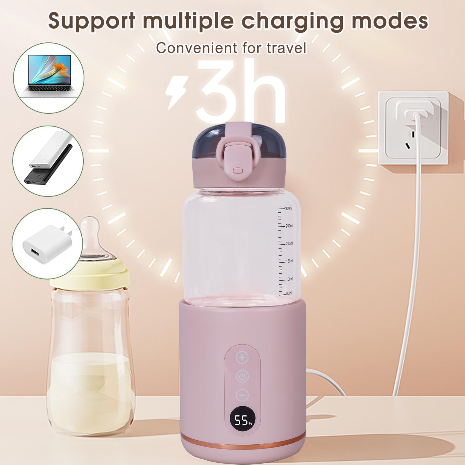 Hoapin Scaldabiberon Portatile, Termos da Viaggio Senza Fili Portatile, Temperatura Regolabile da 37 a 55°C, Scaldabiberon 400 ML Ideale per i Viaggi