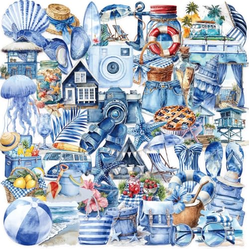 Image of 50PCS Transparent Blue Beach Stickers Aesthetic PET Stickers Blue Ocean Decal Waterproof Decorative Decals for Scrapbook DIY Crafts Album Bullet Journal Planner Water Bottles Laptop Phone (Blue-A)