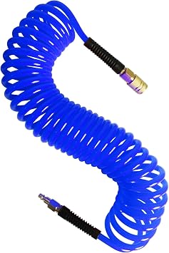 Air Compressor Hose 1/4-inch x 25 Ft Recoil Air Hose Polyurethane with Bend Restrictor, 1/4 inch Industrial Universal Quick Coupler and I/M Plug Air Hose Fittings Kit Blue