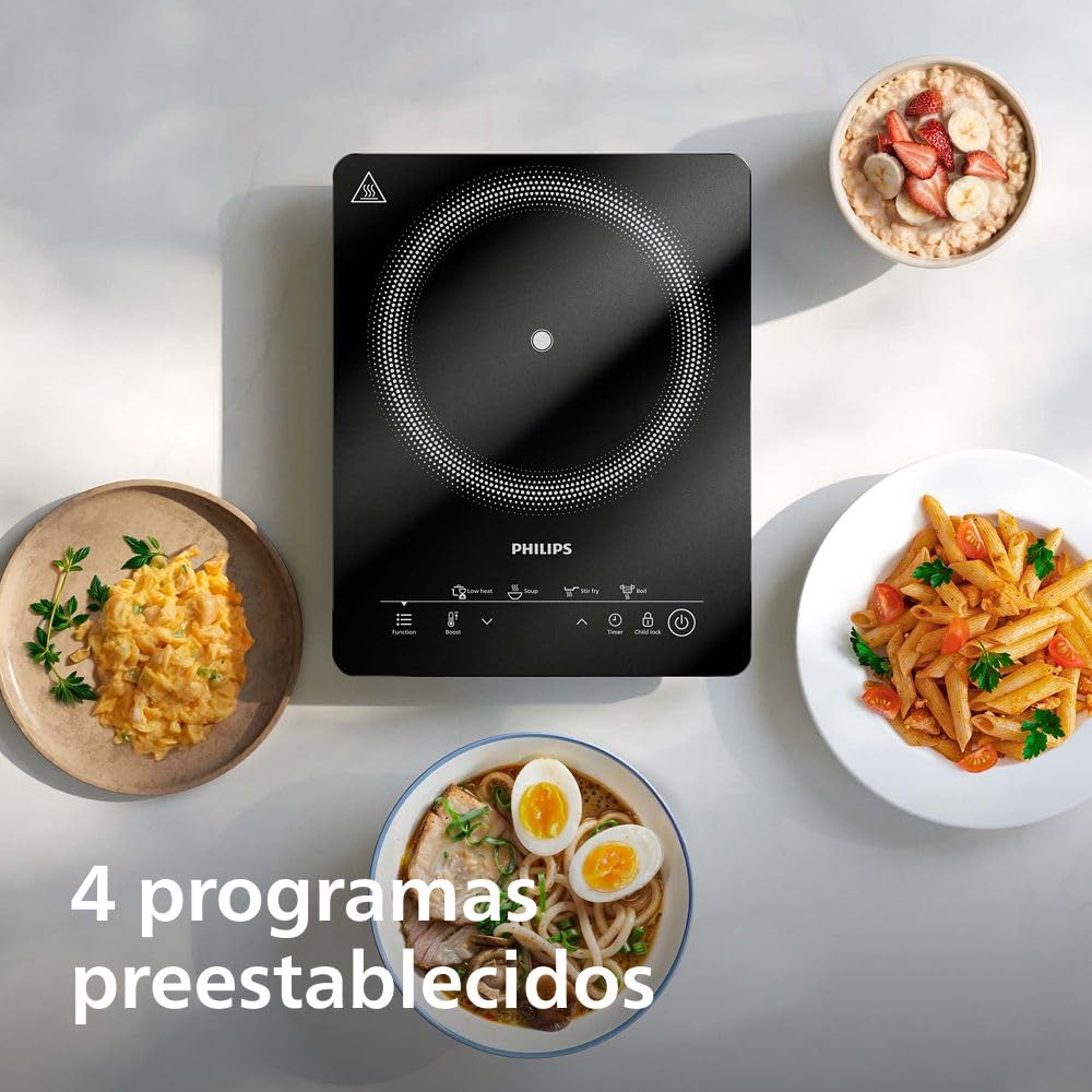 Philips 3000 Placa de inducción portátil, 8 Niveles, Táctil, 2000 W | 8 niveles de calor, 2000 W, 4 programas de cocción, panel táctil, apagado automático (HD5830/90)