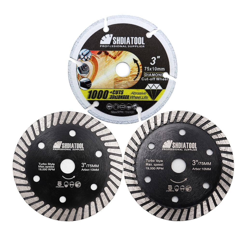 SHDIATOOL Diamentowy brzeszczot do płytek, 75 mm brzeszczot do betonu, tarcza tnąca brzeszczot z otworem 10 mm, 3 szt