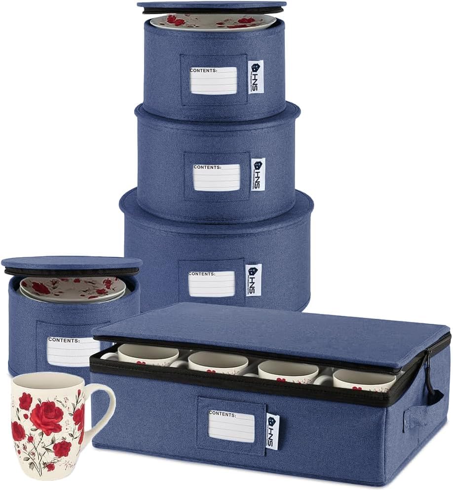 hard shell china storage containers 5-piece set moving boxes for dinnerware, glasses, plates, mugs and saucers sturdy dish organizer with dividers for seasonal storage - service for 12 - denim blue 5 pack china storage containers denim blue