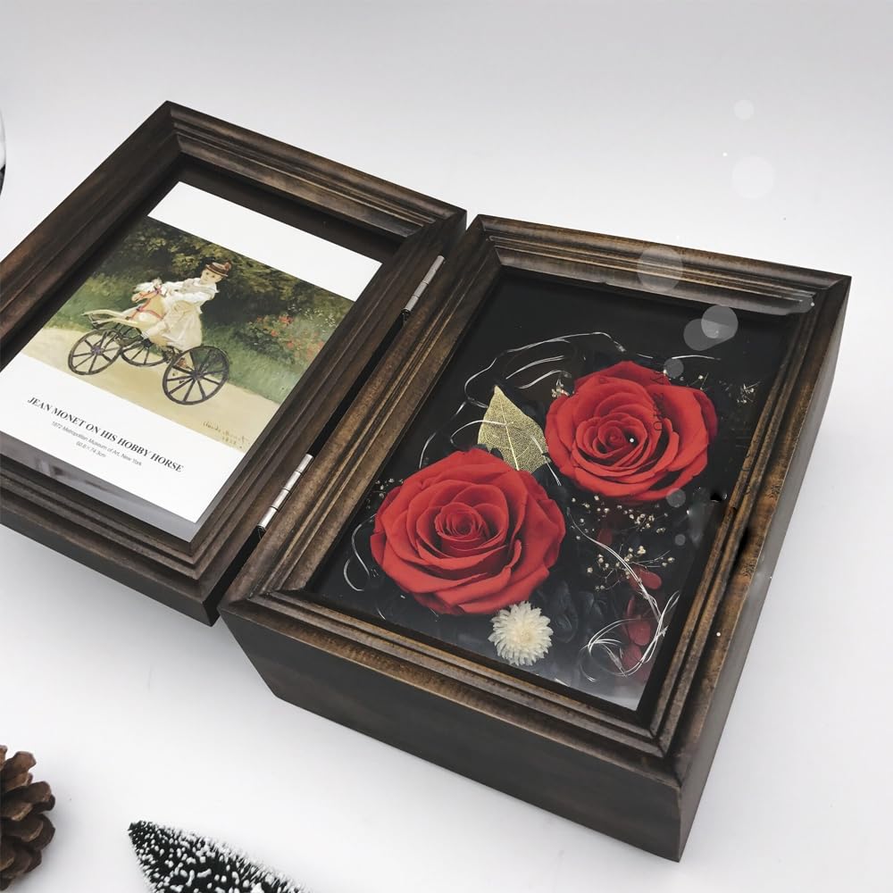 Marcos de fotos de flores preservadas personalizados, marcos de fotos de madera con rosas para fotos de boda impresas personalizadas, para un regalo creativo del día de San Valentín y cumpleaños para