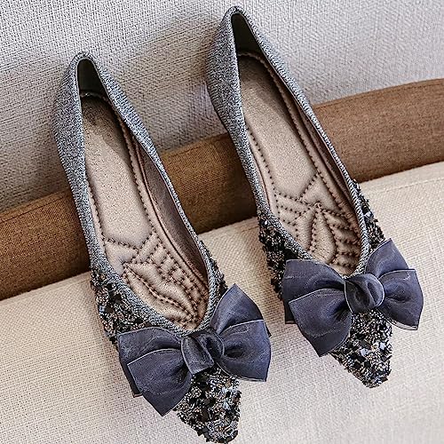 INEELUYI Women's Bowtie Pointy Toe Sweety Style Dress Ballerina Ballet Flats Crystal Bling Formal Working Flat Shoes3