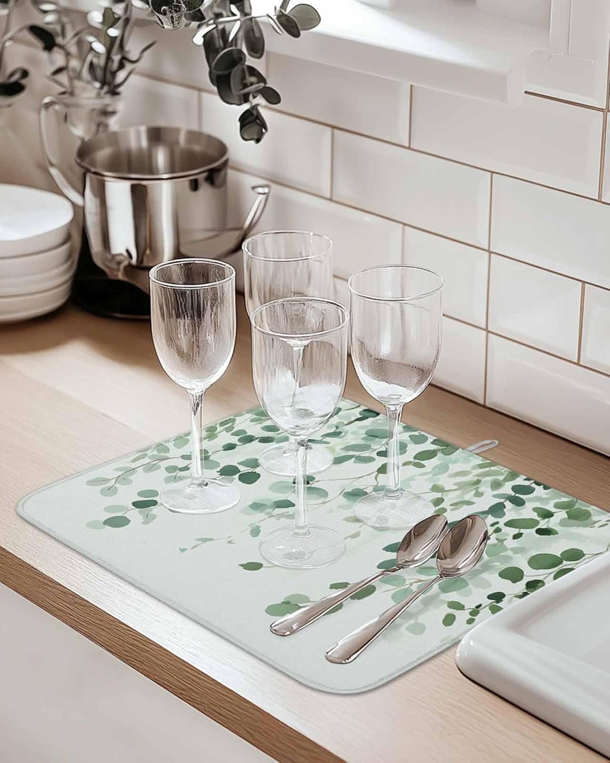 Dish Drying Mat 18 x 24 Inch, Sage Green Eucalyptus Leaf Absorbent Microfiber Coffee Mats for Kitchen Spring Leaves Botanical Quick Drying Dish Drainer Pad 2 Pack