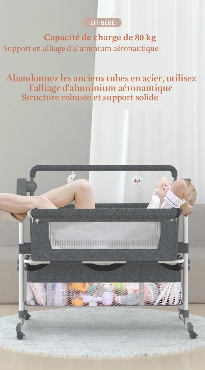 Berceau électrique Bluetooth pour cododo pour bébé, berceau de chevet convertible, berceau portable pliable pour nouveau-né avec matelas et haut-parleur de musique Bluetooth (gris électrique)