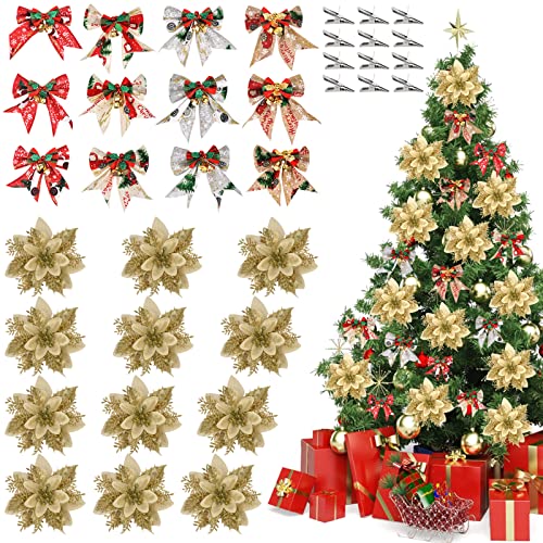 DUOJIN 12 Piezas de decoración Flor de Navidad de Poinsettia Artificial Flor de simulación de Oro, con 12 Lazos de Navidad y 12 Clips, Kit Completo de Adornos para Guirnalda y árbol de Navidad Cover